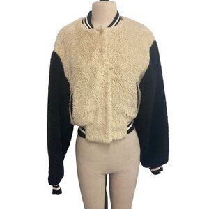 Rue21 Varsity Jacket Faux Fur Bomber Jacket Black Cream Bear Hug Comfy Cute